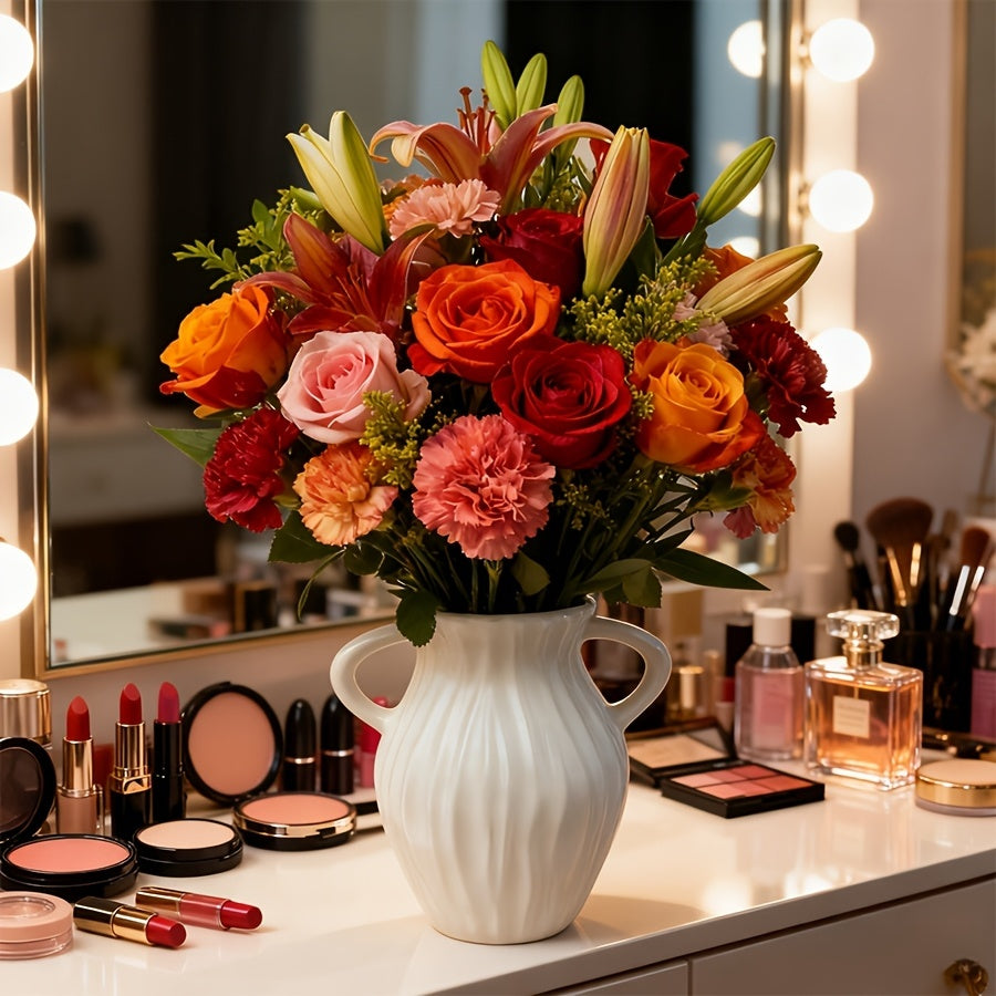 Bohemian Woven-Style Plastic Vase Suitable for Home Decor - Minimalist Striped White Round Cylindrical Vase with Woven Texture, Modern Centerpiece for Wedding Table, Housewarming Gift, Office Desk Arrangement, Plastic Flower