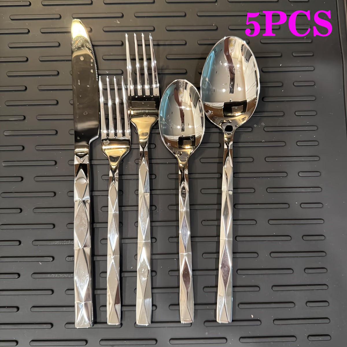 15pcs Silvery Stainless Steel Cutlery Set, Sheshu Mirror Polished Cutlery Set, Diamond Cut Pattern, Suitable for Kitchen, Home, Wedding, Party, Mirror Polished, Dishwasher Safe Christmas Cutlery Set, Kitchen Knives, Wedding B