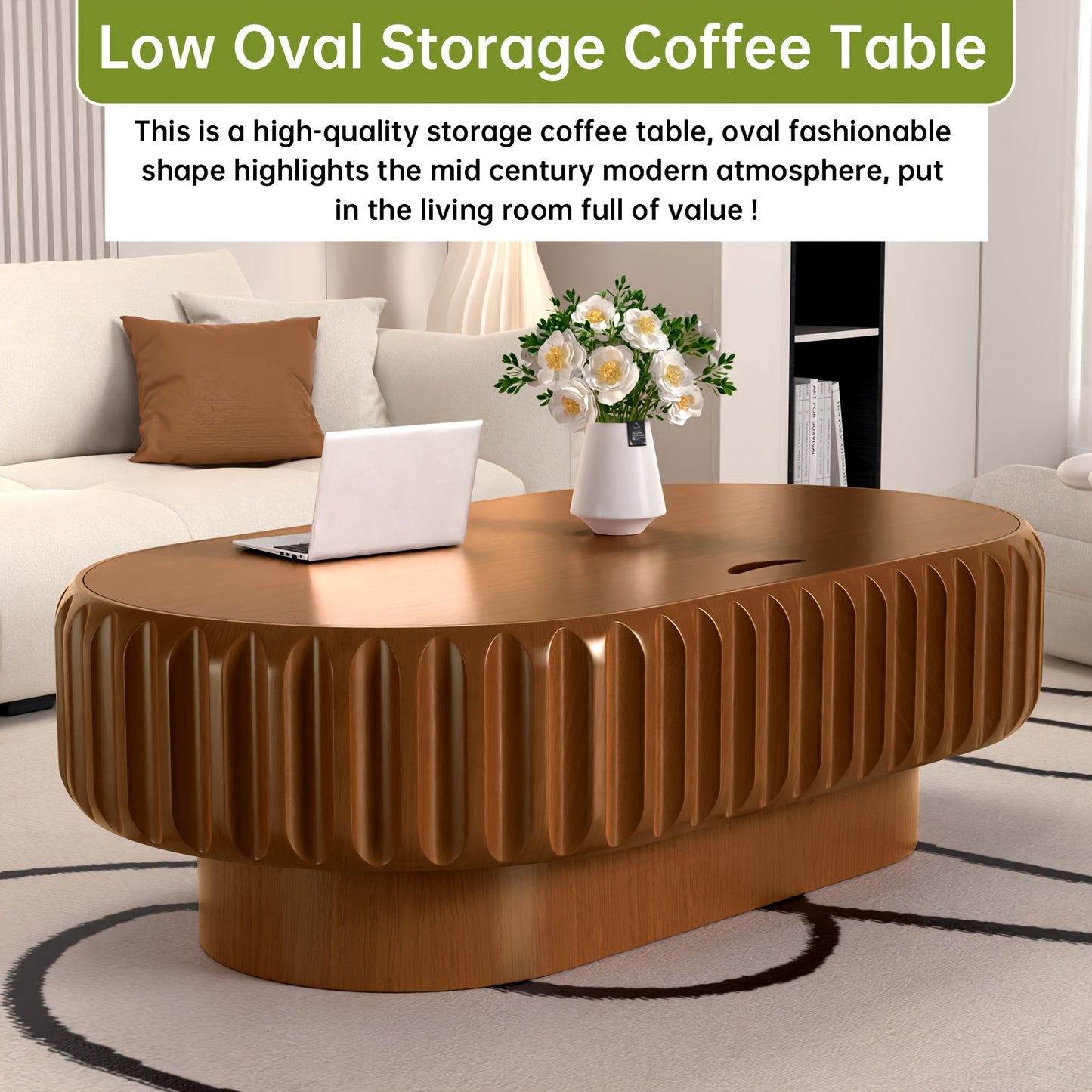 43” Oval Fluted Coffee Table with Storage – Modern Low Drum Center Table