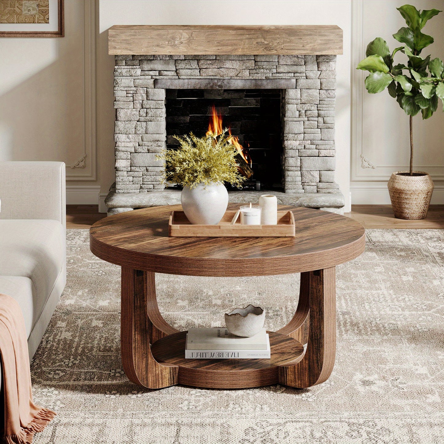 Modern Round Coffee Table with 2-Tier Storage – Rustic Brown Center Table