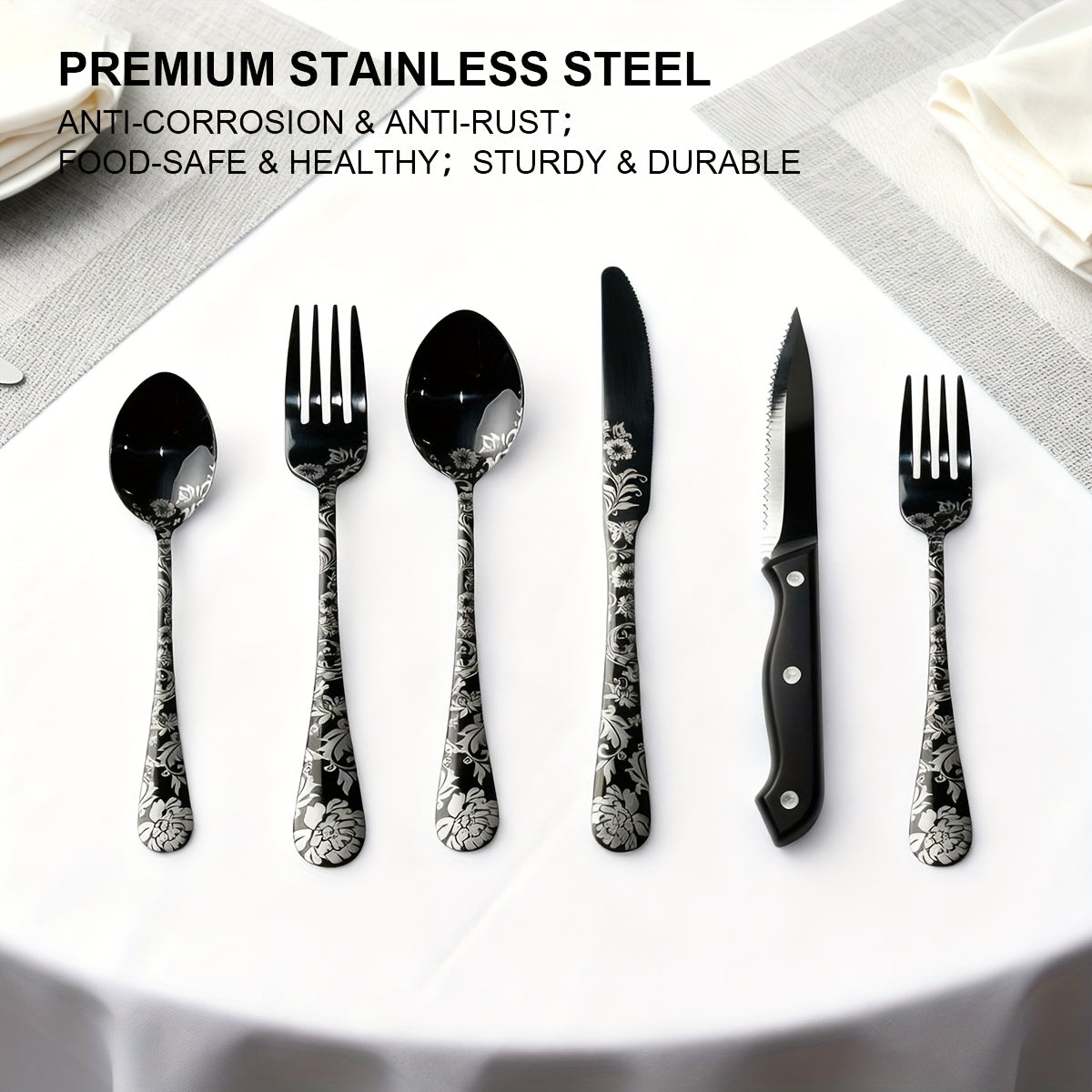 24pcs Stainless Steel Silverware, 4-Person 6pcs Laser-Etched Flatware Set, Flat Cutlery Set, Knife Fork Spoon Chopsticks Set, Suitable for Home, Hotel, Gatherings, Camping, Gifts - Vibrant Colors/Black