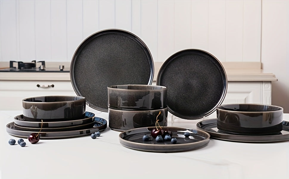 Striped Cream Beige Reactive Glaze Dinnerware Set (12-Piece Ceramic Stoneware)