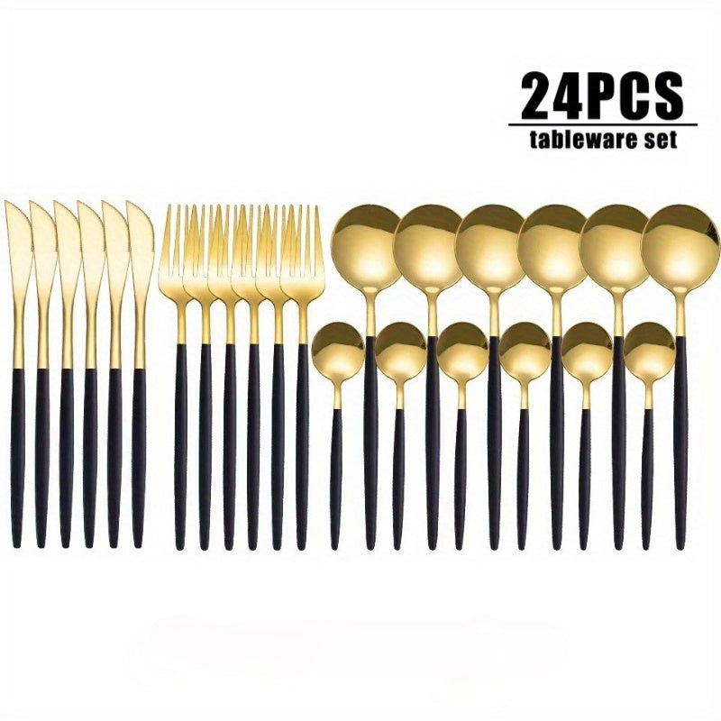 24pcs Stainless Steel Tableware Set, 6-Person Dinnerware Set (Black Golden), Includes Dinner Knife, Fork, Spoon, Coffee Spoon, Mirror Polished Cutlery Set, Suitable for Family Gatherings and Hotel Restaurant Use