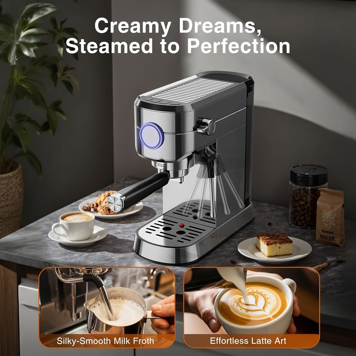 Stainless Steel Espresso Machine with Milk Frother | Fast Heating System, 40.58oz Removable Water Tank, 120V Power Supply, 304 Stainless Steel, for Home & Office Use