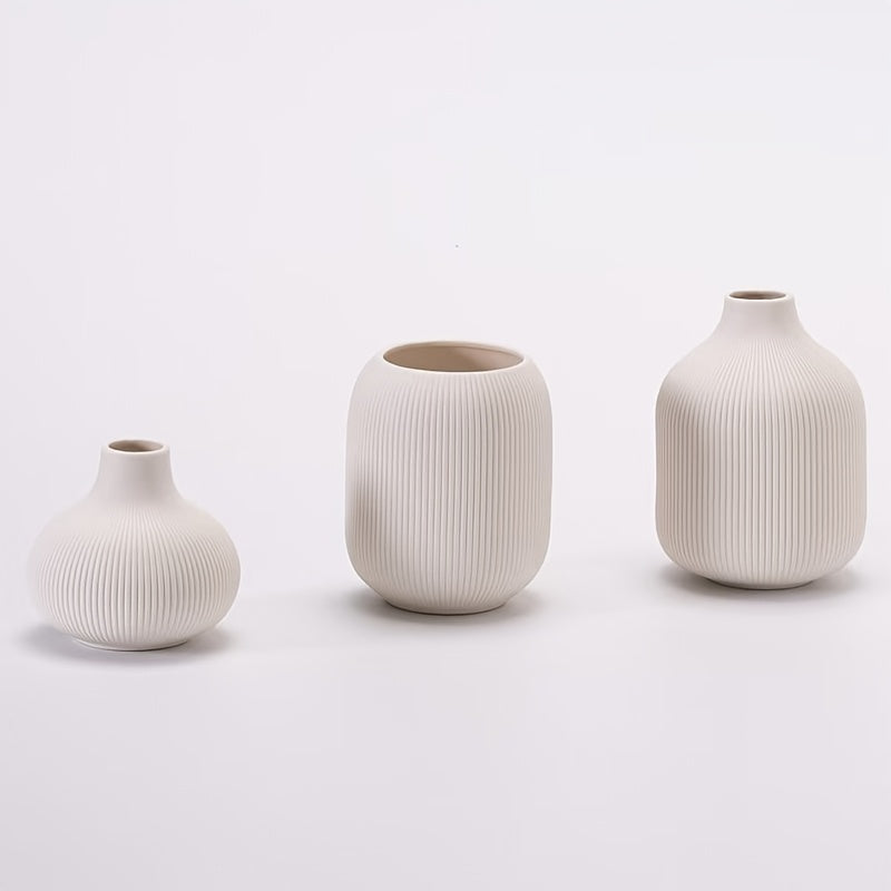 [Ceramic Vase Set] Ceramic Vase Simple European Style White Striped Unglazed Dry Flower Vase Home Decor Craft Ornament Vase Set