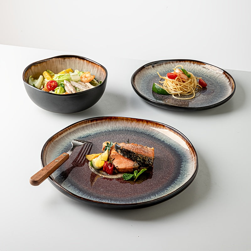 Brown Flame Glaze Ceramic Dinnerware Set (12-Piece) – Modern Plates & Bowls for 4