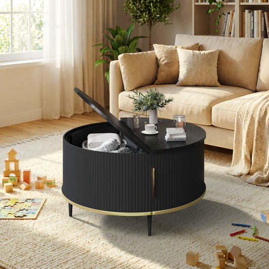 Modern Fluted Drum Coffee Table (31") with Hidden Storage & Sliding Doors – Oak Finish