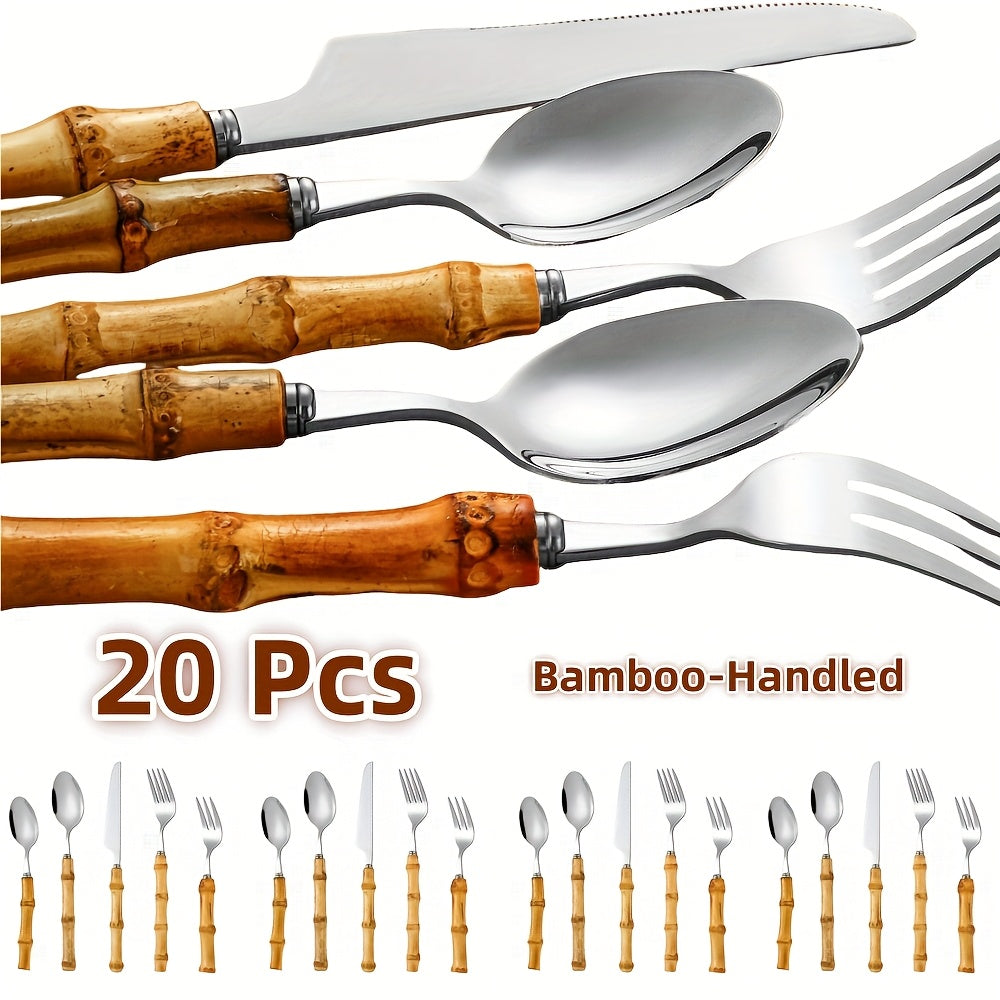 20pcs Bamboo-Handled Stainless Steel Flatware Set: Perfect for Outdoor, Everyday Use, and Gatherings - Suitable for 4 People - Dishwasher Safe - Ideal Wedding, Thanksgiving, Christmas, Valentine's Day, Eid Al-Fitr (Ramadan) G