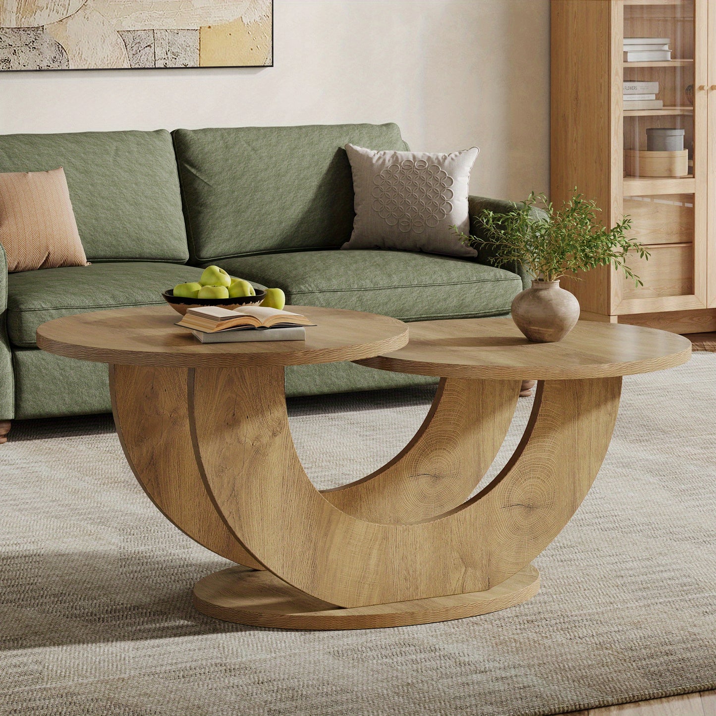 2-Tier Round Farmhouse Coffee Table – Natural Wood Accent Center Table