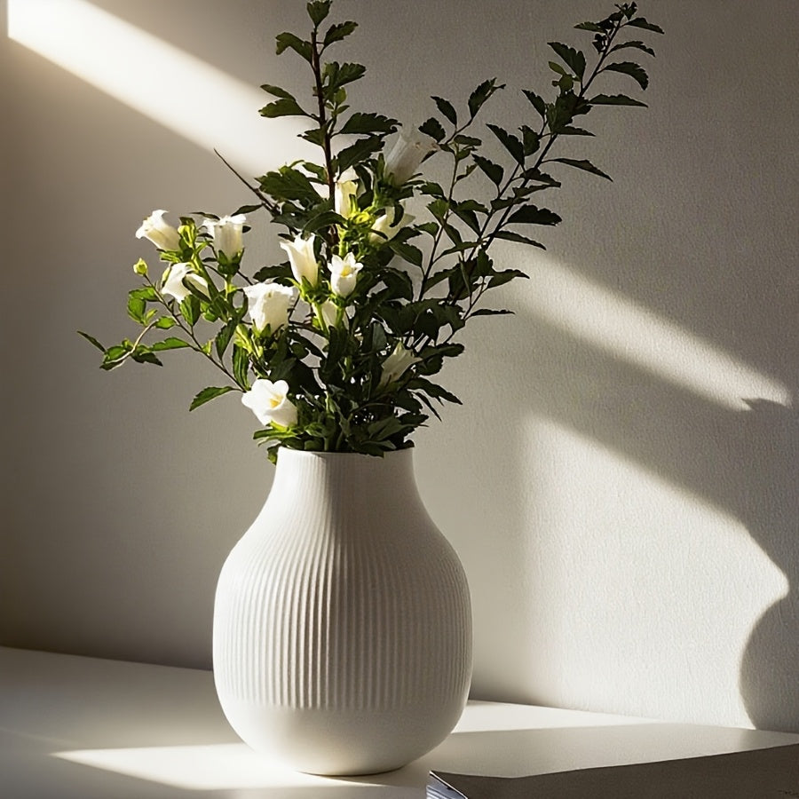 1pc White Minimalist Striped Plastic Vase | Nordic Modern Home Decor, Hydroponic Display Container, Suitable for Living Room, Dining Room, and Bedroom Display, Bohemian Style, Cylinder Shape, Use Without Electricity