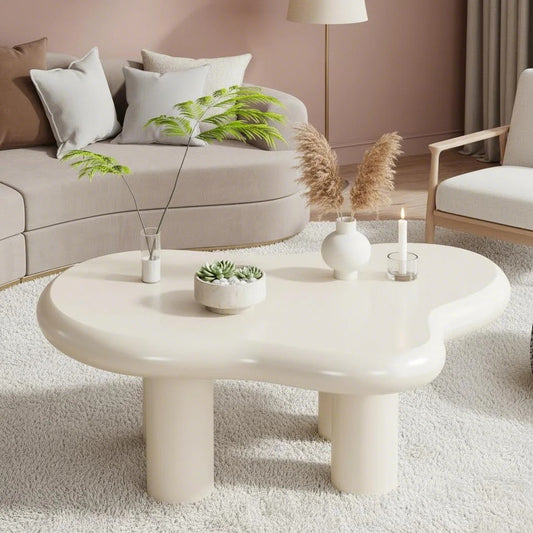 39.4” White Cloud Coffee Table – Modern Center Table with Solid Legs