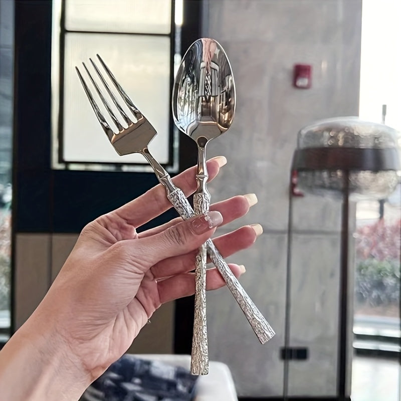 4/16/24pcs Set - Essential silvery Stainless Steel Cutlery Set with Tree-Patterned Handles, High-Quality Knives, Forks, And Spoons, Suitable for Weddings, Hotels, Restaurants, And Festive Occasions