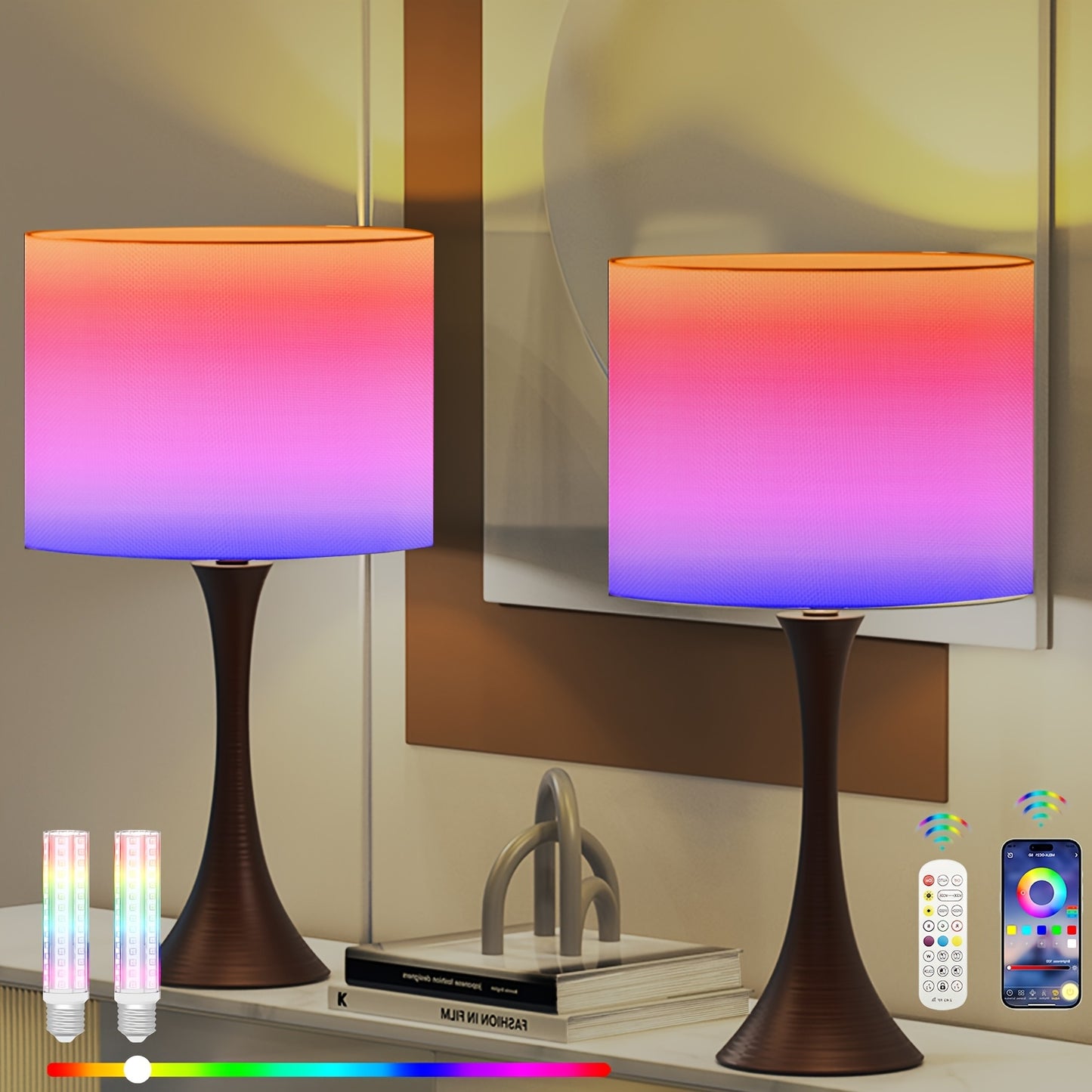 Modern Smart Bedside Table Lamps - Set of 2, 24" Tall, Brown, APP Remote Control, Music Sync for Bedroom & Farmhouse Living Room Decor