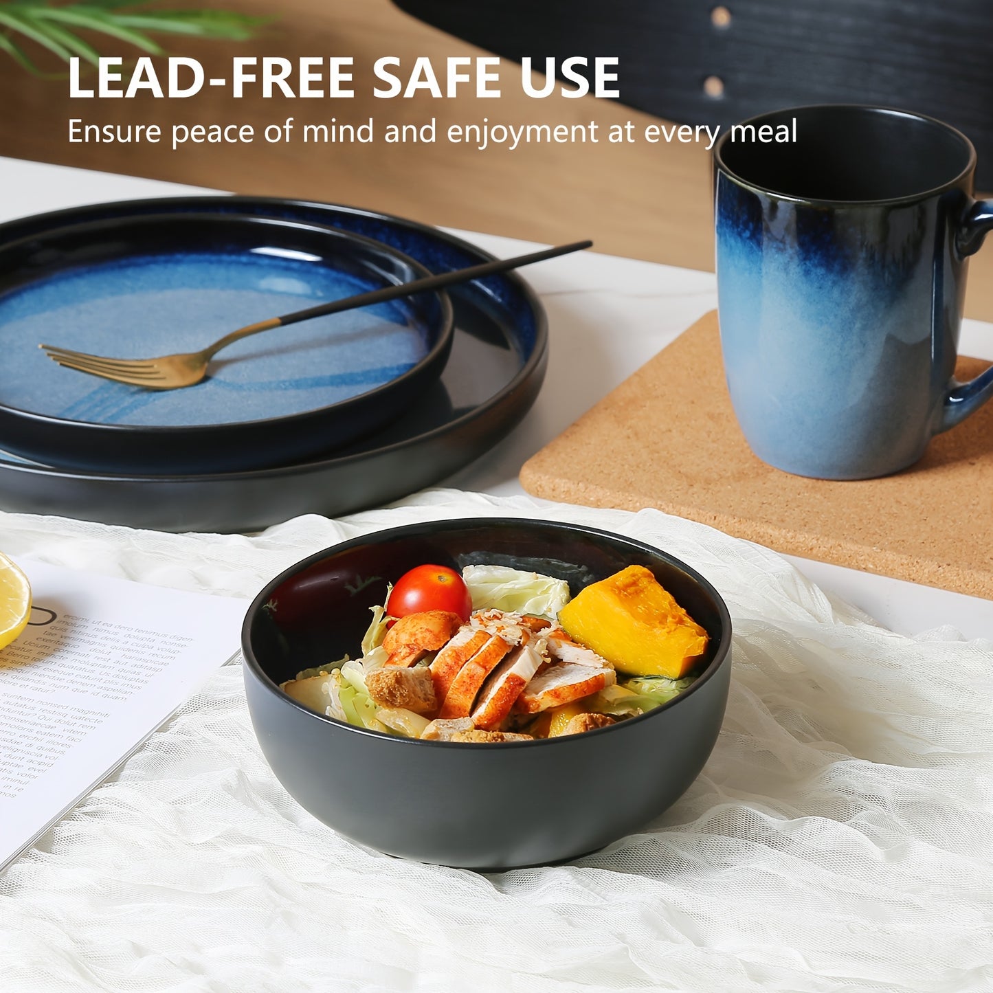 Blue Striped Reactive Glaze Dinnerware Set (16-Piece Ceramic Stoneware)