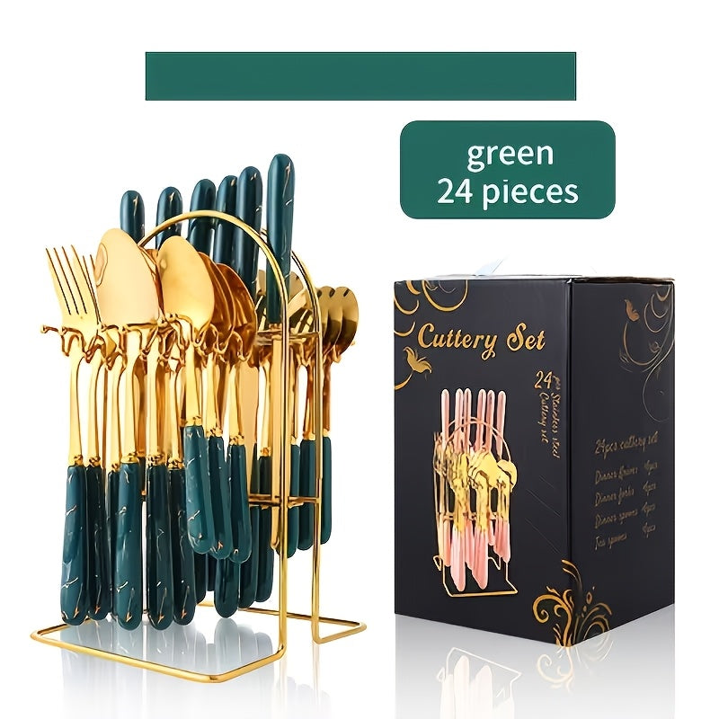[Ideal Gift] 24pcs Stainless Steel Flatware Set with Steak Knife Holder - Elegant Modern Nordic Dark Green - Heavy Duty 304 Stainless Steel, Durable and Smooth Surface, Ideal Gift Box for Home and Hotel Dining - Complete Cutl