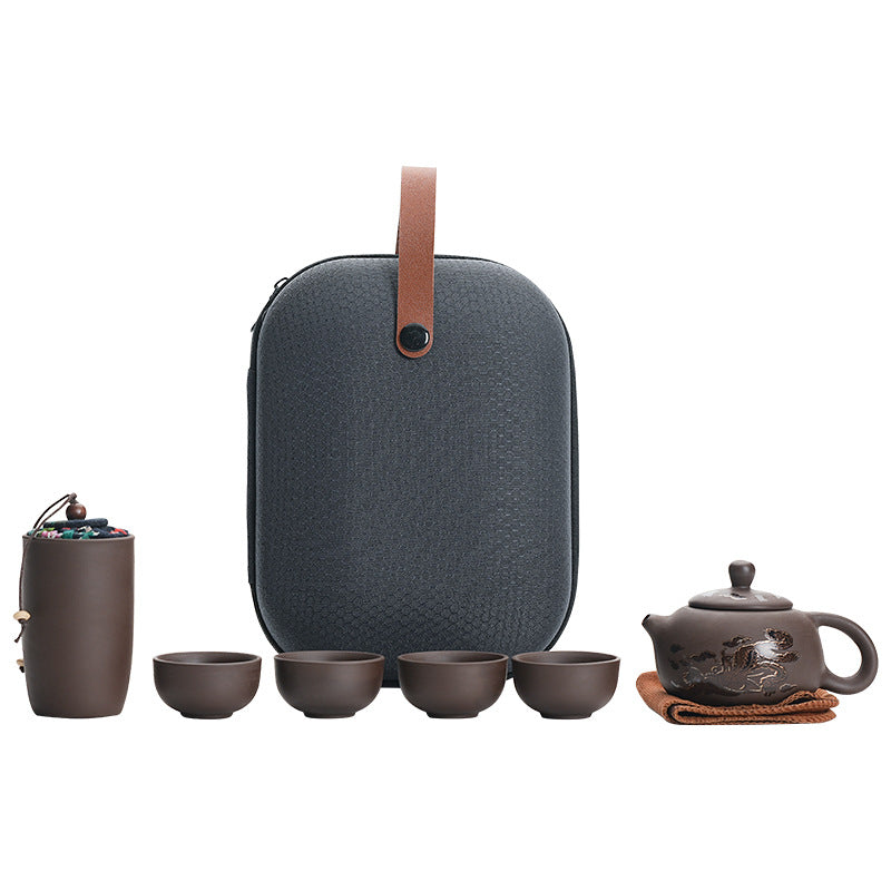 Portable Chinese Ceramic Purple Clay Tea & Coffee Set - One Pot & 4 Cups Travel Tea Suitable for, Camping, Office, Gift for, - Ceramic Tea Set with Storage Bag, Coffee/ Tea Cups