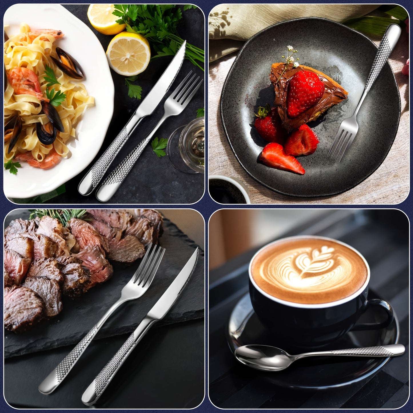 40pcs Modern Hammered Silverware Set for 8, Featuring Ultra-Sharp 2-In-1 Serrated Knife, Made of Stainless Steel, Mirror Polished, And Safe for Dishwasher Use