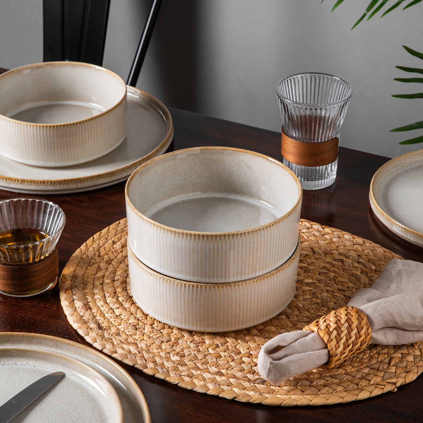 Striped Cream Beige Reactive Glaze Dinnerware Set (12-Piece Ceramic Stoneware)