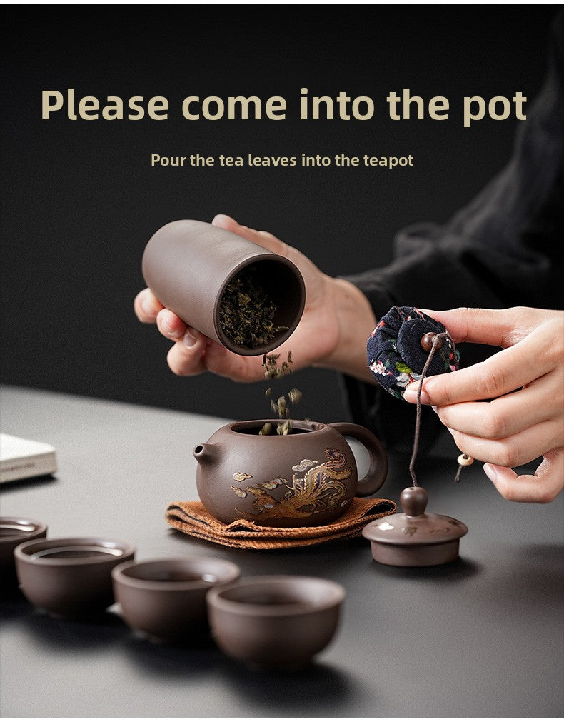 Portable Chinese Ceramic Purple Clay Tea & Coffee Set - One Pot & 4 Cups Travel Tea Suitable for, Camping, Office, Gift for, - Ceramic Tea Set with Storage Bag, Coffee/ Tea Cups