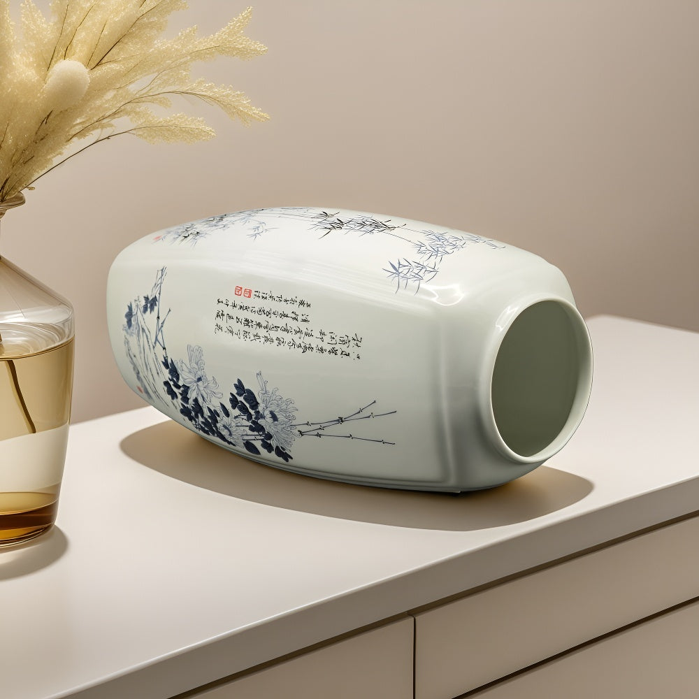 Modern Vase, 12.6inch Ceramic Vase for Home Decor, Flowers, Hydroponic Plants, Wedding, Centerpiece, St Patrick's Day, Easter, Spring Decor, Designer Recommended.Square Ceramic Vase Decorated with the "Four Gentlemen"(Plum, O