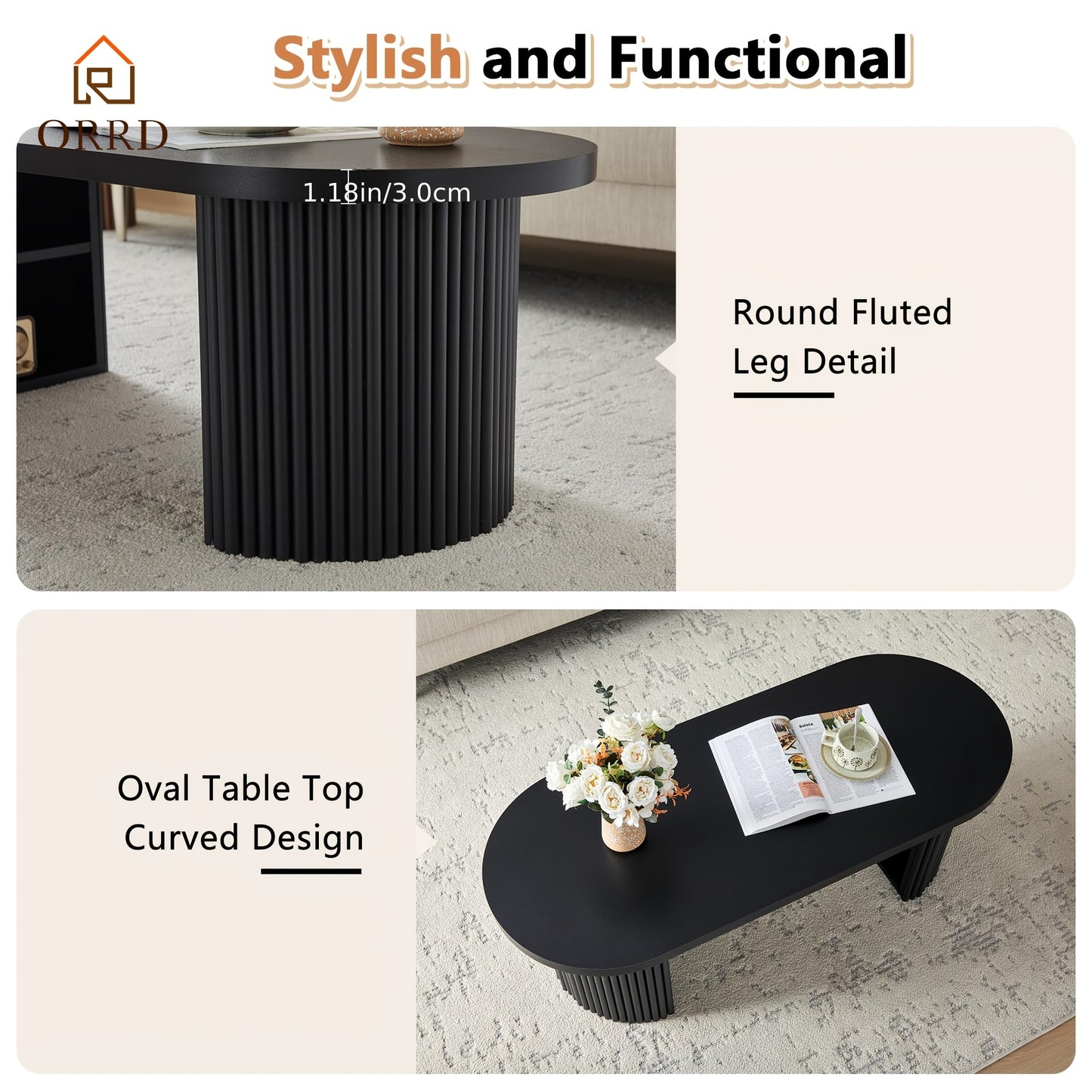 OOval Fluted Coffee Table with Storage – Farmhouse Mid-Century Center Table (47”)