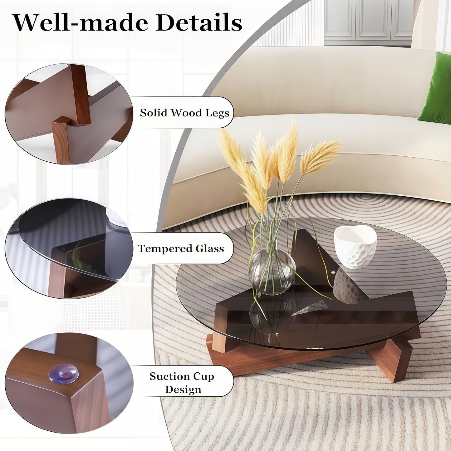 Modern Glass Top Coffee Table – Walnut Frame Center Table