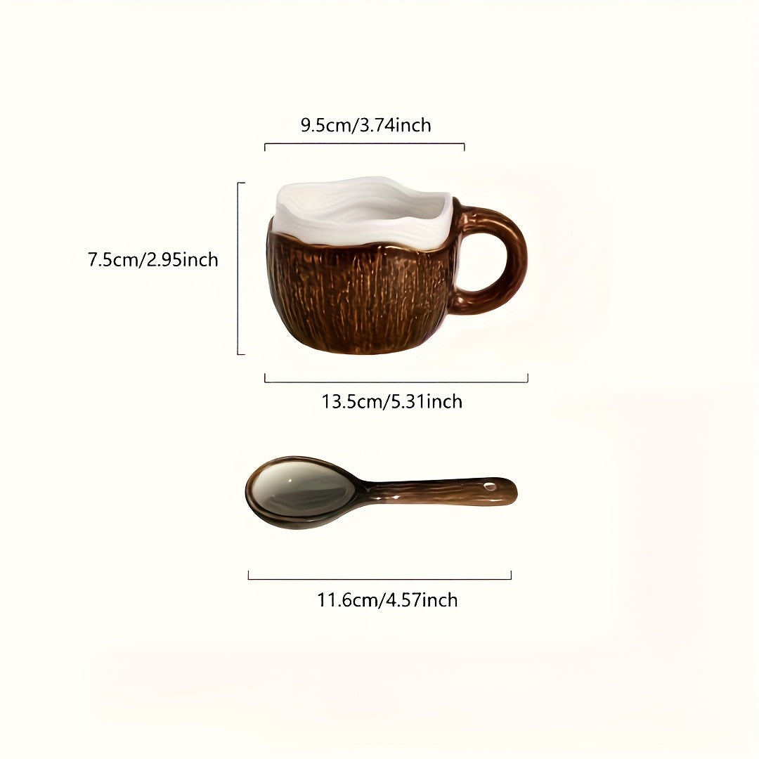 A Ceramic Coffee Mug Designed Like a Coconut Shell, Complete with a Spoon. This Novelty Tropical Mug Is Perfect for Afternoon Tea, Yogurt, And Fruit. It Is Safe for Both The Dishwasher And Microwave