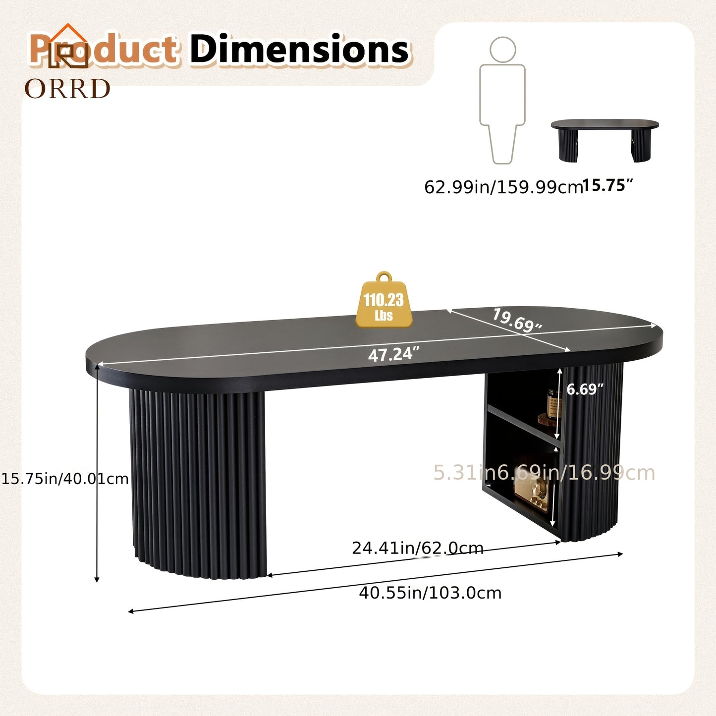 OOval Fluted Coffee Table with Storage – Farmhouse Mid-Century Center Table (47”)