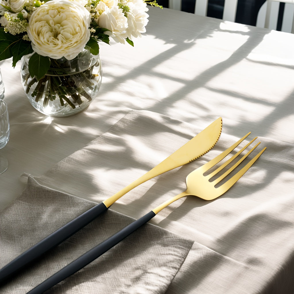 30pcs Elegant Black & Golden Stainless Steel Cutlery Set - Dishwasher Safe, Polished Finish, Perfect for Restaurants, Hotels, and Home Use - Ideal for Housewarming & Dinner Parties, Restaurant Tableware | Sophisticated Tablew