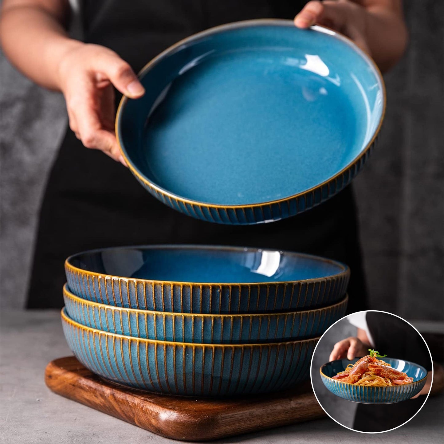 Blue Porcelain Deep Plate Set (4-Piece, 8.5") – Salad & Dinner Plates, Microwave Safe