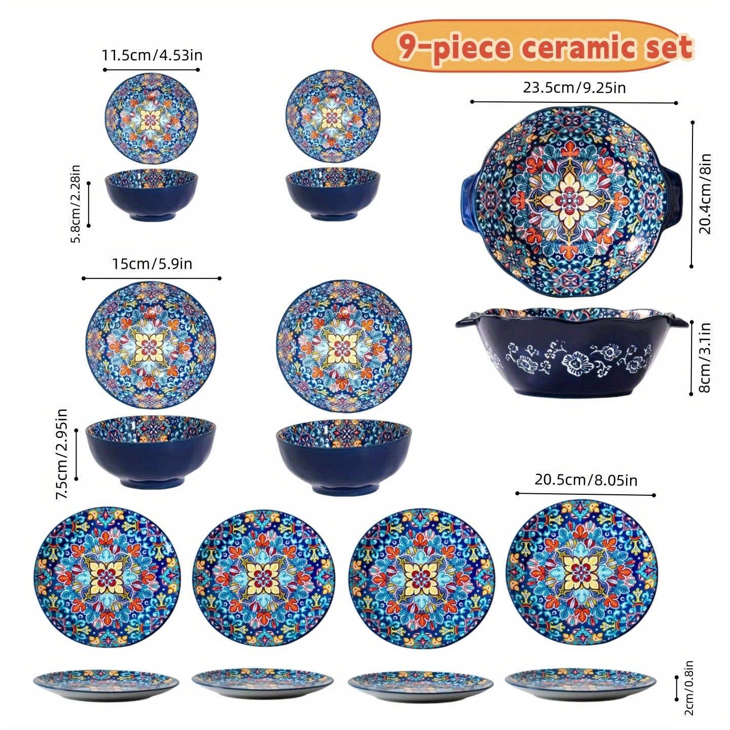 Bohemian Floral Ceramic Dinnerware Set (9-Piece) – Vintage Print Tableware