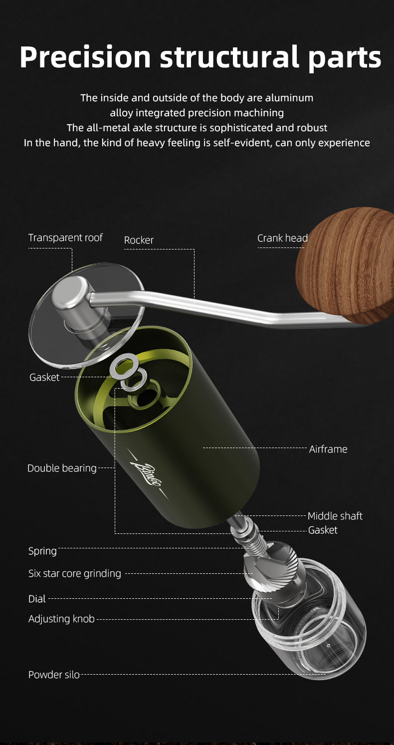 Bincoo Phantom Series Manual Coffee Grinder Featuring 6 Star Steel Burrs, a Portable Hand Crank Mill with Adjustable Grind Settings Suitable for Espresso, Pour Over, French Press, And Drip Coffee, Ideal for Home, Travel, Camp