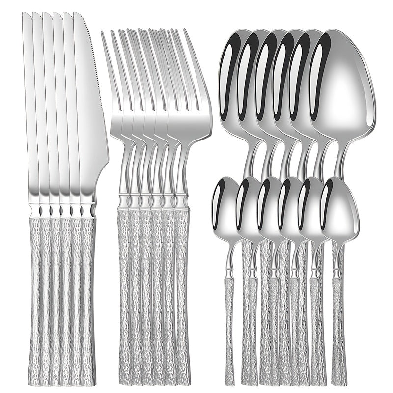 4/16/24pcs Stainless Steel Flatware Set with Vertical Pattern Handles, High-Quality Knives, Forks, and Spoons for Weddings, Hotels, Restaurants, and Holidays