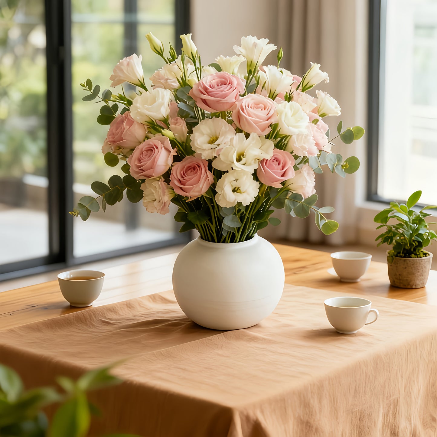 Modern Bohemian Minimalist Hard Plastic Vase - Cylindrical Ceramic-Suitable for (Compatible with) Flower Arrangements, Elegant Tall Plain Vase for Wedding, Home, Office, Decor - Durable Decorative Container