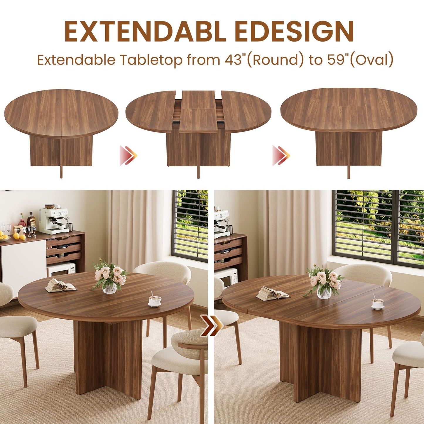 Extendable Round Dining Table – 43.3” to 59” Walnut Space-Saving Kitchen & Dining Table