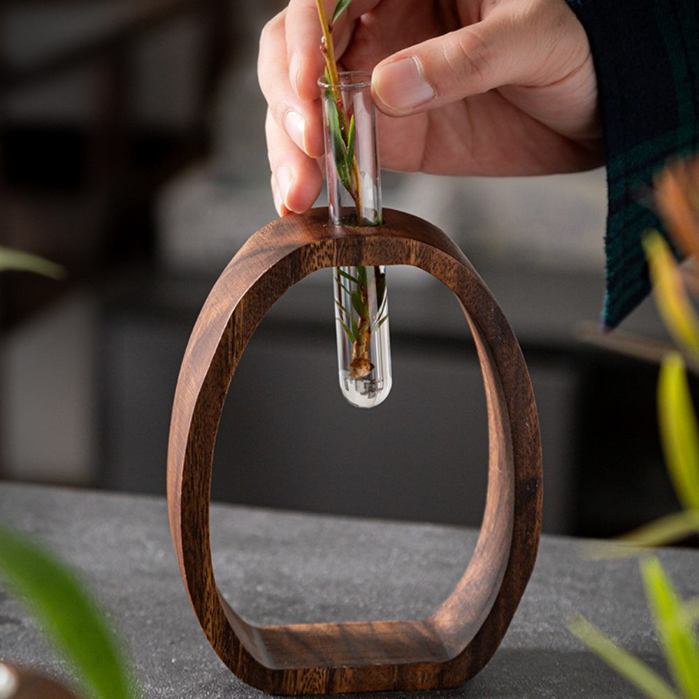 4pcs Walnut Wood & Glass Hydroponic Plant Container - Retro Vertical Aquatic System with 2pcs Glass Vases & 2pcs Walnut Wood Bases, Glass Flower Holders for Aerated Root - Home Office Desk Decoration, Space-Saving Hydroponic