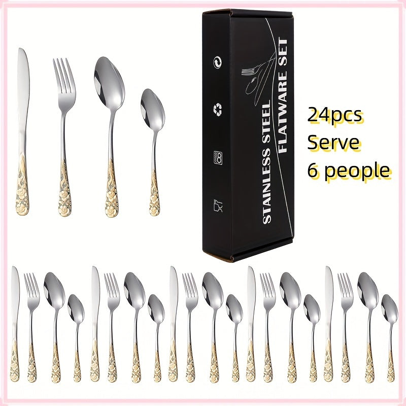 24pcs Stainless Steel Cutlery Set with Patterned Handles in a Gift Box