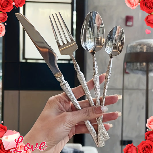 A 16pcs Essential Stainless Steel Cutlery Set for Home, Featuring Tree-Patterned Handles, High-Quality Knives, Forks, And Spoons, Suitable for Weddings, Hotels, Restaurants, And Festive Occasions