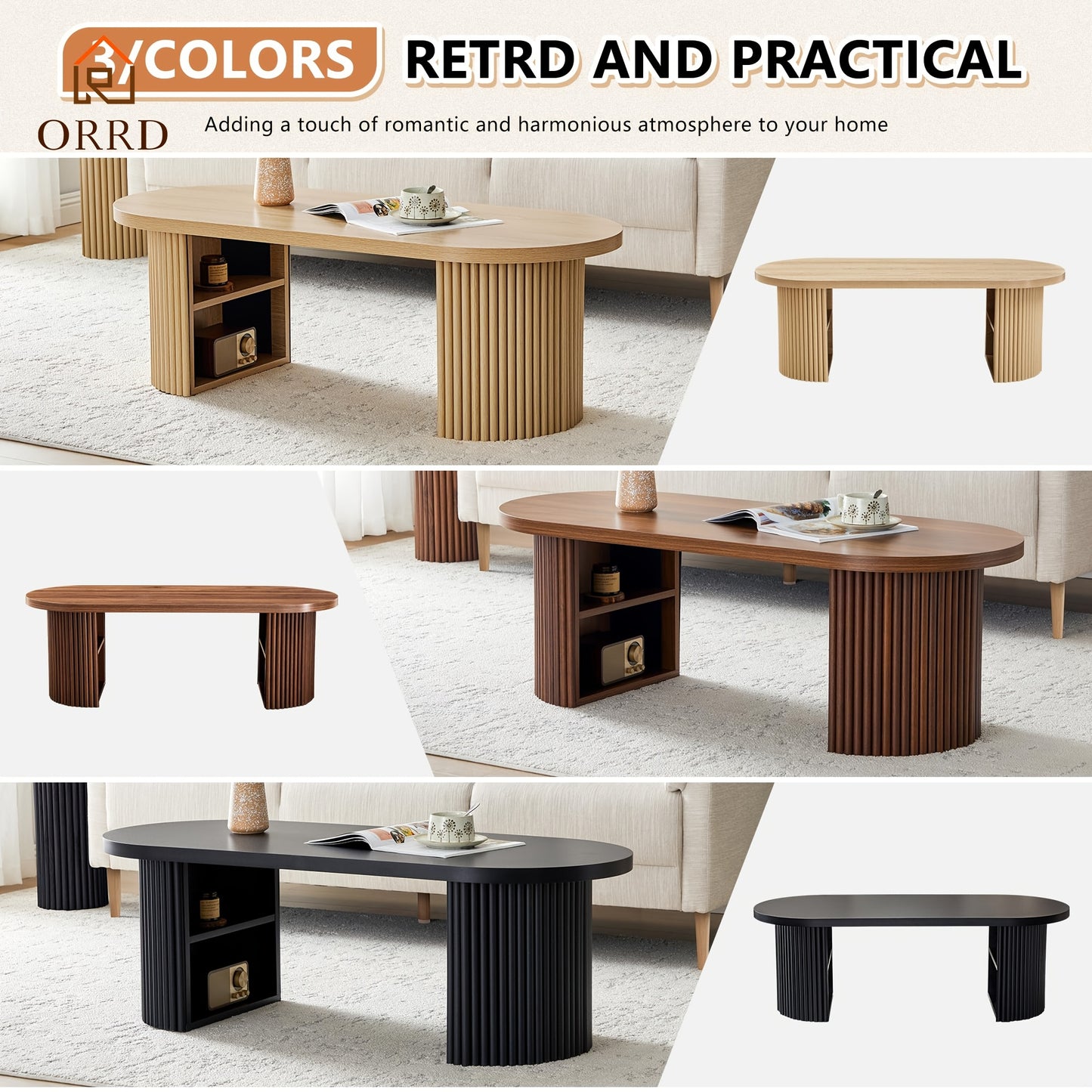 OOval Fluted Coffee Table with Storage – Farmhouse Mid-Century Center Table (47”)