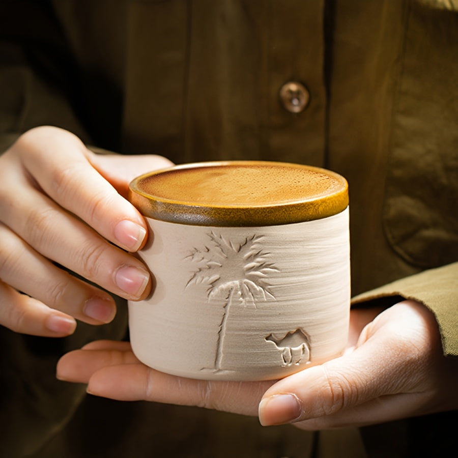 1pc YUMIPLUS Hand-Carved Desert Camel & Arabic Stoneware Coffee Cup - Ceramic Espresso, Tea, and Hot Beverage Vessel Suitable for Latte, Cappuccino, Cocoa - Middle Eastern