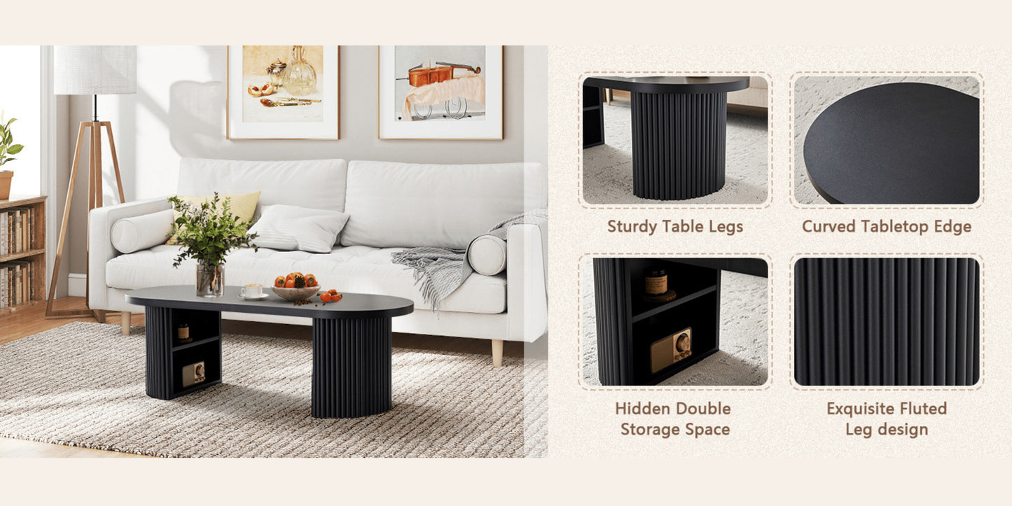 OOval Fluted Coffee Table with Storage – Farmhouse Mid-Century Center Table (47”)