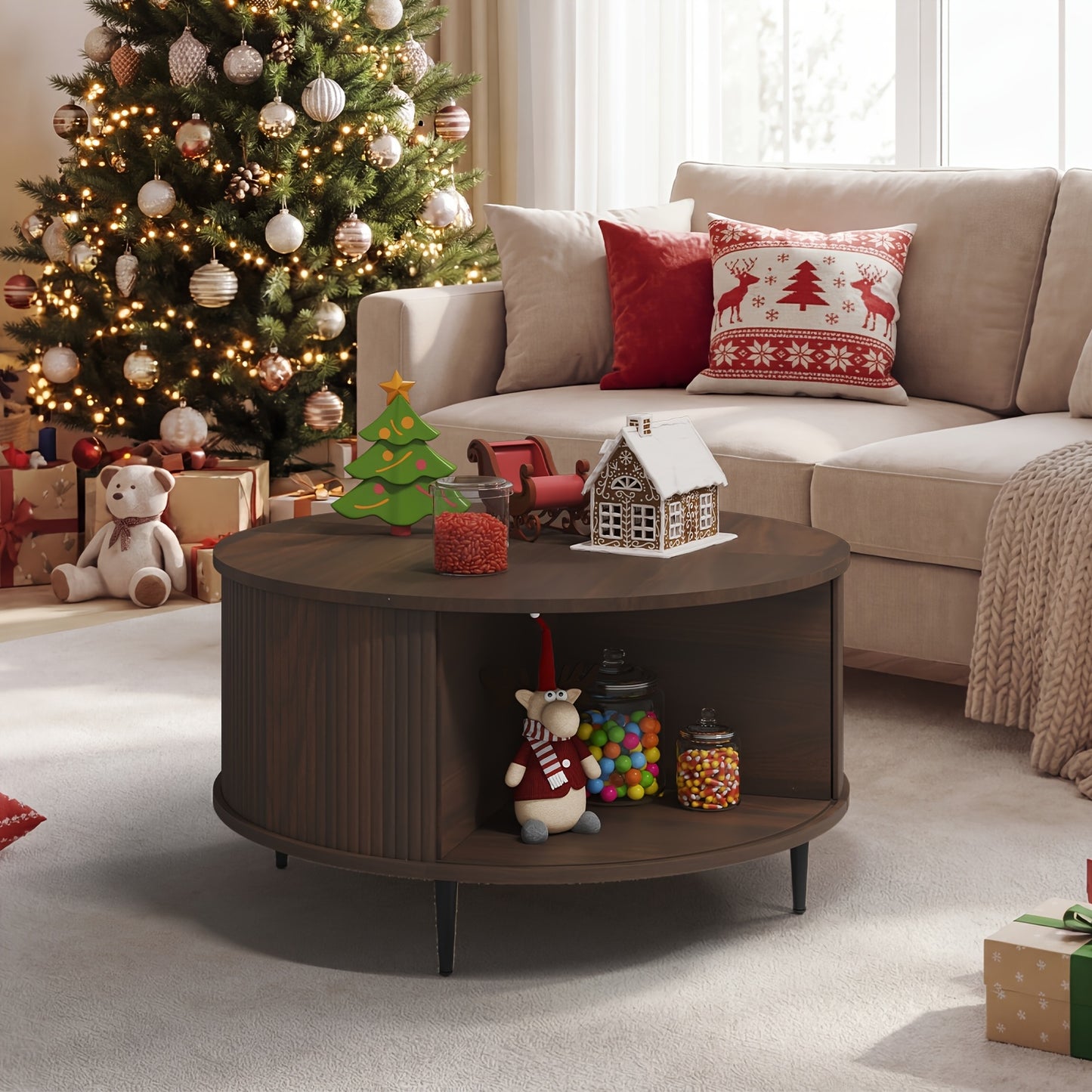 Modern Fluted Drum Coffee Table (31") with Hidden Storage & Sliding Doors – Oak Finish