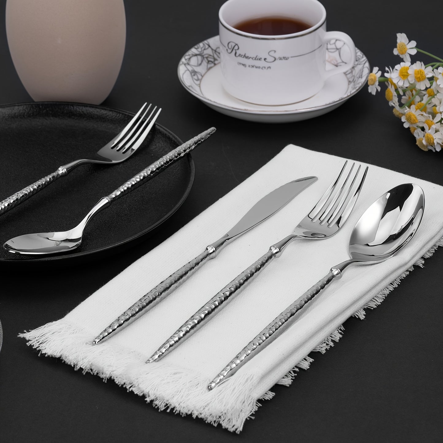 20pcs Silvery Stainless Steel Flatware Set with Hammered Handles, 4/6-Person Service, Includes Knives, Forks And Spoons, Mirror Polished, Dishwasher Safe, Ideal for Family Gatherings