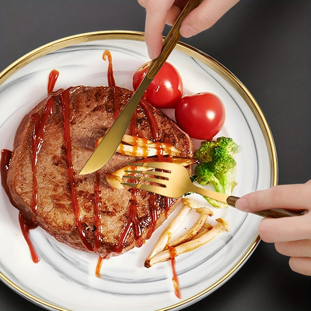 40pcs Cutlery Collection for Eight, Stainless Steel Flatware with Golden Mirror End, ABS Handles with Wooden Appearance, Kitchen Utensil Set Suitable for Home, Hotel, And Restaurant, Family Cutlery Set Featuring Knives, Forks