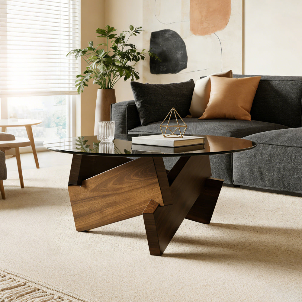 Round Coffee Table with Tempered Glass Top – Walnut Frame Modern Center Table