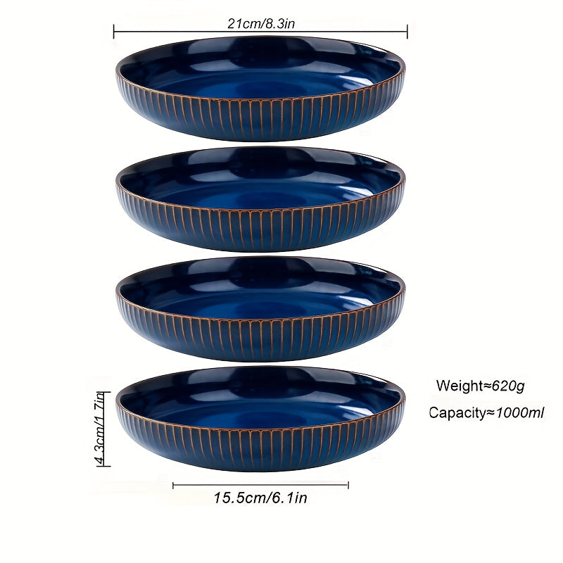 Blue Porcelain Deep Plate Set (4-Piece, 8.5") – Salad & Dinner Plates, Microwave Safe