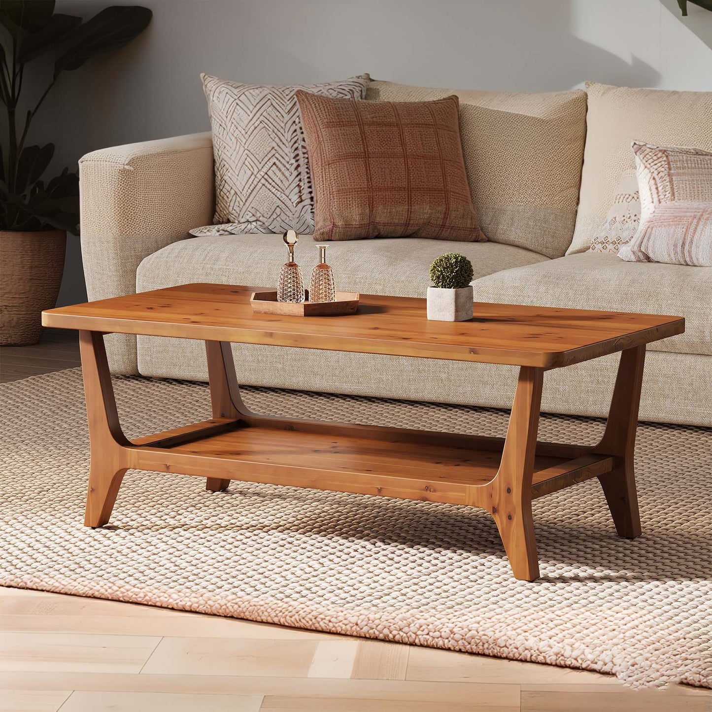 47” Modern Wooden Coffee Table – 2-Tier Storage Shelf, Mocha Brown Center Table