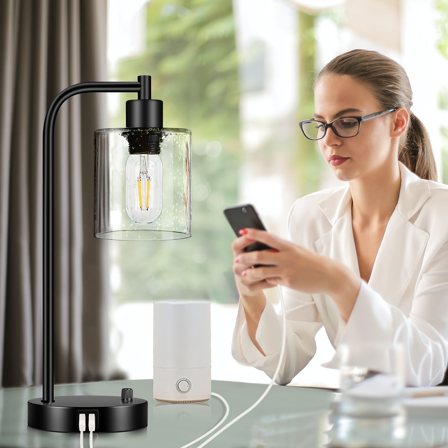 Set of 2 Industrial Table Lamps with 2 USB Port, Fully Stepless Dimmable Lamps for bedrooms, Bedside Nightstand Desk Lamps with Seeded Glass Shade for Reading Living Room Office 2 LED Bulb Included