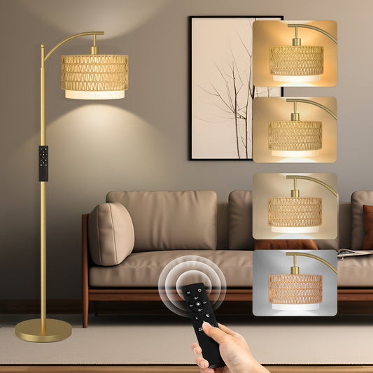 Rattan Floor Lamps For Living Room, Boho Floor Lamp With Remote Control, 4 ColorTemperature LED Bulb Included, 350° Adjustable Linen Lampshade, Lampshade ForLiving Room, Bedroom, Home Decor