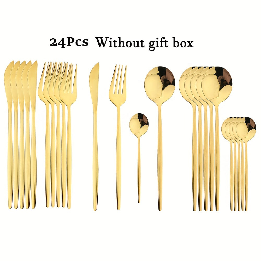 24pcs Black And Golden Elegant Stainless Steel Tableware Set, Including Forks, Knives, Spoons, Service Spoons And Service Forks - Perfect for Holiday Gifts Or High-end Kitchen Decoration, Holiday Tableware with Elegant Design